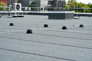 A flat roofing system on a commercial building